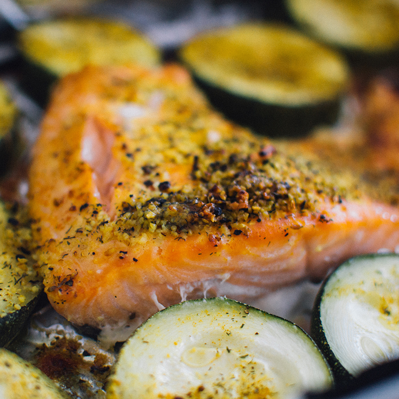 Garlic & Pecan Crusted Salmon w/ Zucchini